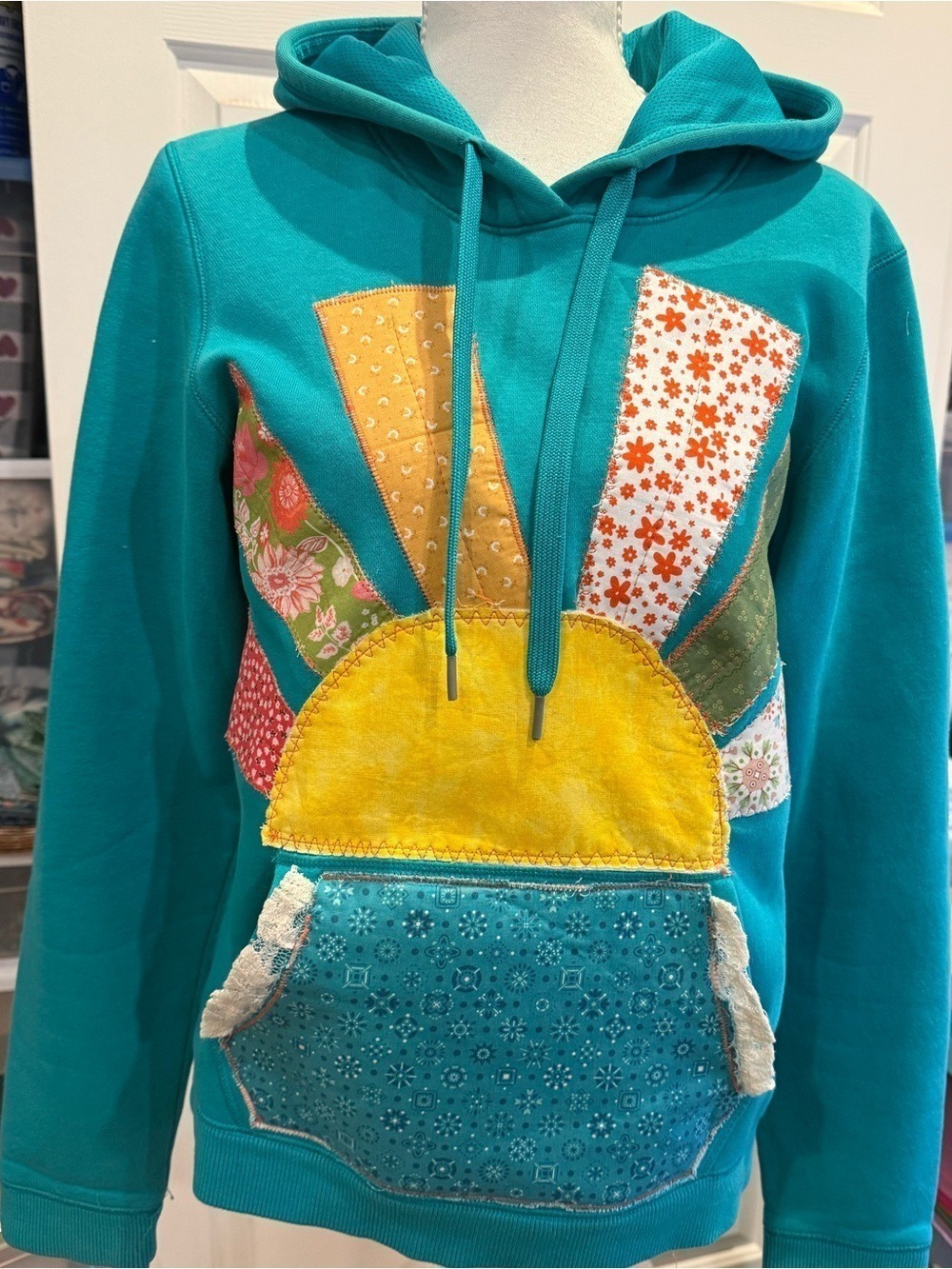 Custom Upcycled Under Armour Hoodie Sunburst Patchwork Cottagecore Small - Picture 2 of 8